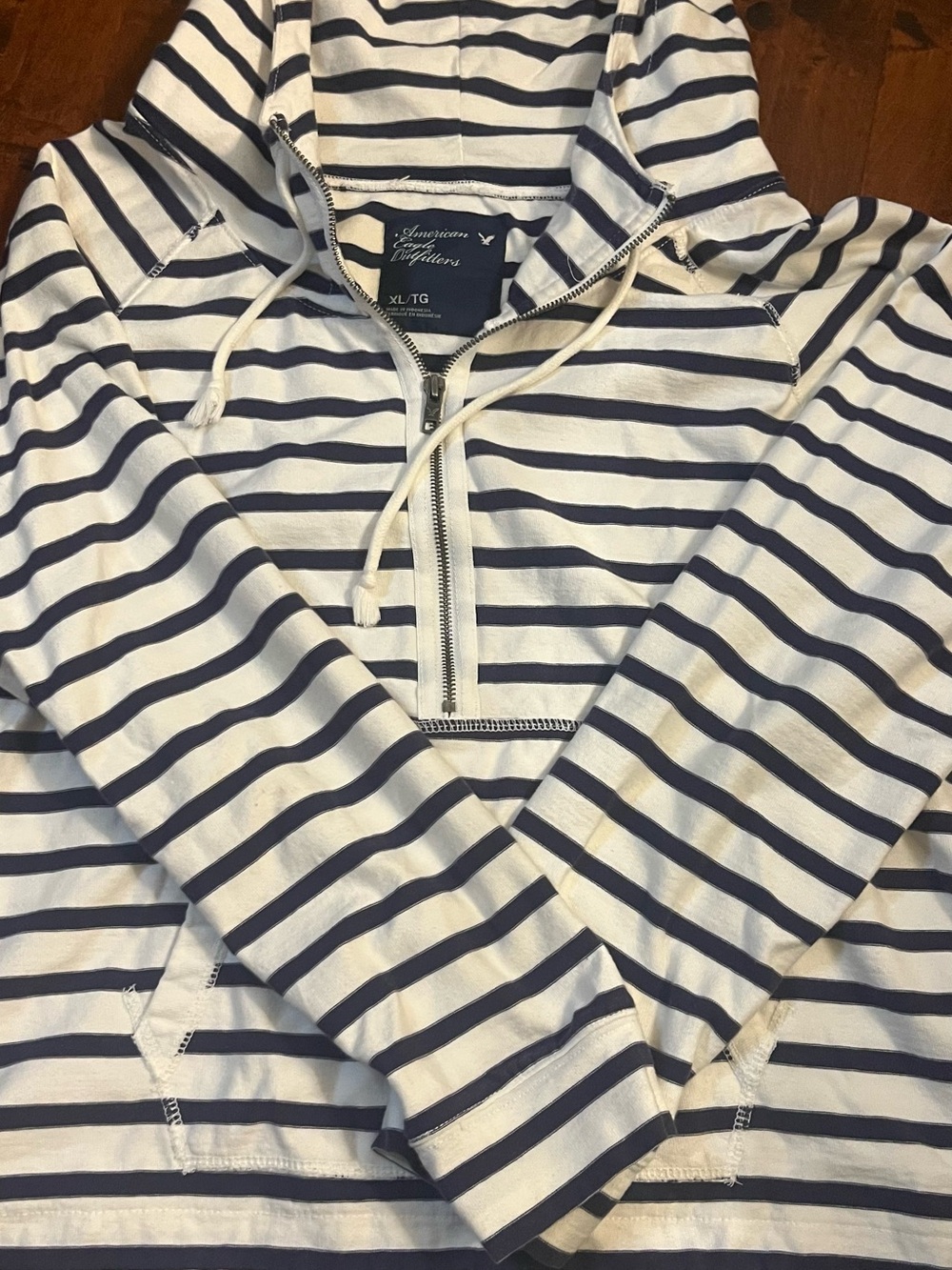 American Eagle Outfitters White & Navy Striped Half-Zip Hoodie Sweater